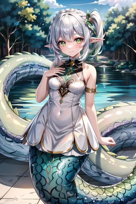 ((({extremely detailed CG))), ((8k_wallpaper)), masterpiece,best quality, high resolution illustration, hyper detailed, highres, (contrapposto), absurdres, Intricate and refined delicate details,
1girl, solo, (lamia:1.7), ((green scales)), monster girl, green snake tail,highres,hand on own chest,looking at viewer, masterpiece,best quality, extremely detailed, perfect lighting, sunny, light tracing, long hair, detailed beautiful face, looking at viewer, white dress, see-through, streaked hair, crown braid, pointy ears, side ponytail, thigh strap, multicolored hair, green hair, white hair, green eyes, symbol-shaped pupils, bare shoulders, lying:1.6, smile, grass, sunny, bloomers, soft shadow, no headwear,
aged down, full body, wide shot:1.4, child, outdoors,
<lora:lamiaConcept_10:1:1,0,0,0,1,1,1,1,0.2,0.3,0.4,0.8,0,0,0,0,0>, <lora:Nahida:1:1,0,0,0,0,0,0,0,0.8,0.7,0.6,0.2,0,0,0,0,0>, nahida \(genshin impact\),
<lora:more_details:0.6:OUTS:1,0,0,0,0,0,0,0,0,0,0,0,0.4,0.5,0.6,0.7,1>