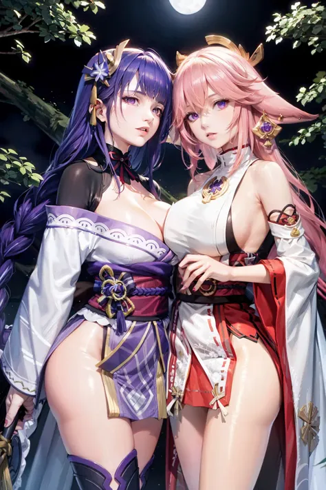 masterpiece, best quality,multiple girls, breasts, 2girls, yae miko, raiden shogun, purple eyes, pink hair, japanese clothes, purple hair, large breasts, long hair, cleavage, hair ornament, thighs, purple kimono, thighhighs, bangs, animal ears, detached sleeves, fox ears, wide sleeves, kimono, moon, weapon, braid,(kbxll:0.8)