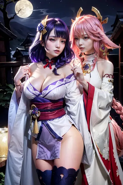 masterpiece, best quality,multiple girls, breasts, 2girls, s,yae miko, raiden shogun, purple eyes, pink hair, japanese clothes, purple hair, large breasts, long hair, cleavage, hair ornament, thighs, purple kimono, thighhighs, bangs, animal ears, detached sleeves, fox ears, wide sleeves, kimono, moon,, braid