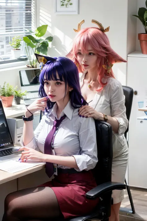 masterpiece, best quality,yae miko, multiple girls, 2girls, long hair, raiden shogun, skirt, shirt, purple eyes, purple hair, sitting, crossed legs, plant, red skirt, indoors, pantyhose, pink hair, white shirt, contemporary, phone, necktie, bangs, holding, collared shirt, very long hair, animal ears, chair, bag, office lady, long sleeves, blinds, potted plant, office chair, wristwatch, id card, purple necktie, hat, smile, pencil skirt, window, purple skirt, cellphone, jacket, breasts, office, watch, computer, pen, closed mouth, floppy ears, fox ears, hair between eyes, alternate costume, miniskirt, monitor, jewelry, looking at viewer, smartphone, desk, cup, nail polish, sunlight, holding pen, purple nails, laptop, standing, lanyard, holding phone, on chair