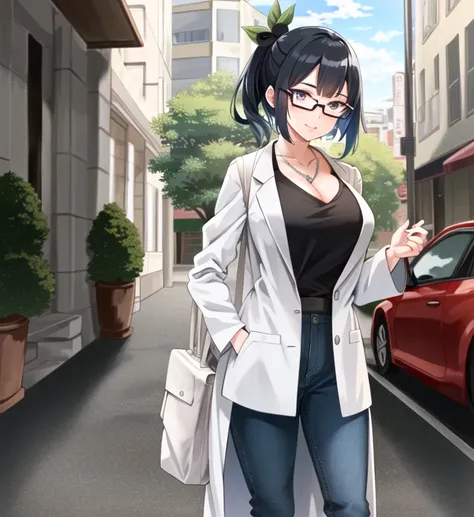 (extremely detailed CG unity 8k wallpaper), (masterpiece), (best quality), (ultra-detailed), (best shadow), 1girl, solo, Litchi Faye Ling, purple eyes, glasses, ponytail, black hair, hair ornament, large breasts, cleavage, standing, smile, teasing, full body, jeans, curvy, labcoat, city, street, outdoors. thigh pants, shirt