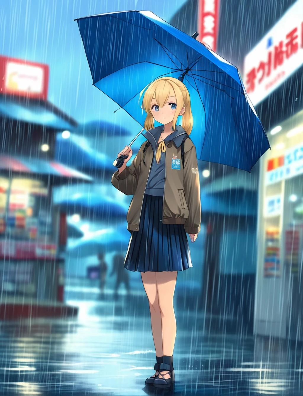 masterpiece, best quality, 1girl, 2d, anime, waifu, full body, blonde hair, wearing jacket, wearing pleated skirt, standing, in front of convenience store, hand holding umbrella, umbrella, rain, water drop, <lora:umbrella-xl-LoRA:0.7>