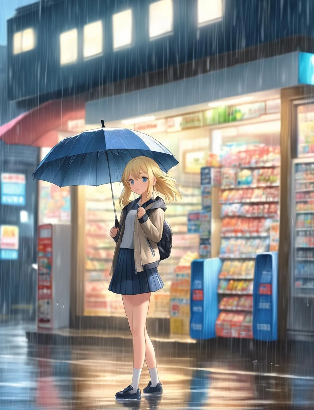 masterpiece, best quality, 1girl, 2d, anime, waifu, full body, blonde hair, wearing jacket, wearing pleated skirt, standing, in front of convenience store, hand holding umbrella, umbrella, rain, water drop, <lora:umbrella-xl-LoRA:0.7>
