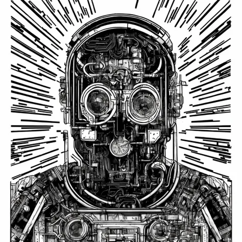 photo, a black and white drawing of a man's face with mechanical parts all around it