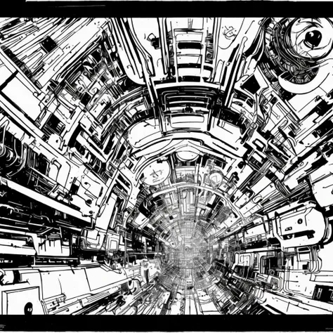 black and white, photorealistic intricately detailed comic book art by award winning line artist, of a steampunk scientist stepping stepping through a magical portal, black and white ink, epic cinematography