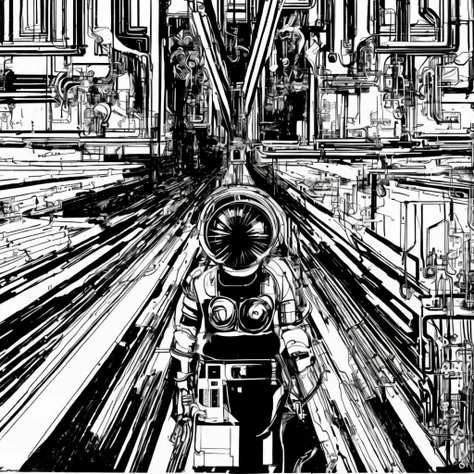 black and white, photorealistic intricately detailed comic book art by award winning line artist, of a steampunk scientist stepping stepping through a magical portal, black and white ink, epic cinematography