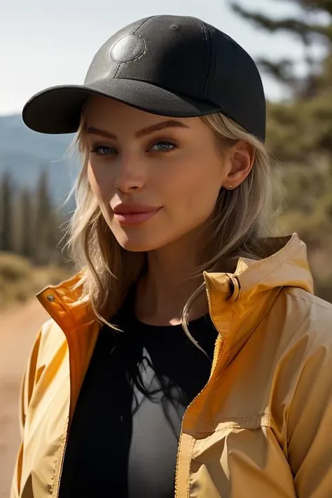 Lightweight windbreaker, moisture-wicking leggings, trail shoes, and a baseball cap - Pacific Crest Trail, California, USA a cinematic still of a beautiful blonde woman, <lora:JessicaLee:1>, photo model, luscious glossy lips, black eyeliner, subtle makeup, long blonde wavy hair, cute smile, outdoors, outside, photo realistic, posing for a magazine shoot, perfect lighting, rim lighting,  hard shadows, epiCRealism, <lora:add-detail-xl:0.3>, close-up, dutch angle