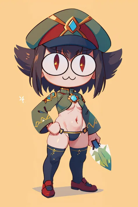 (masterpiece, best quality:1.2), chibi, solo, 1girl, necoarc, newt, (green skin:1.1), :3, hat, slit pupils, glasses, shrug \(clothing\), navel, thighhighs <lora:necoarc:0.9> <lora:newt-xb-richy-v1_1:1>