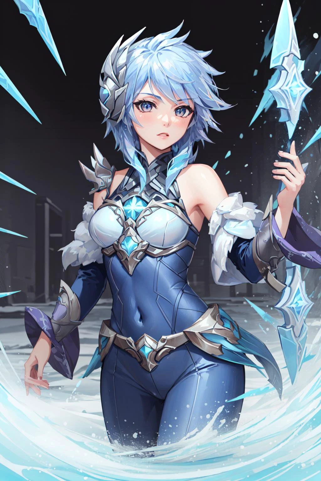 (masterpiece, best quality), intricate details, (fractal art:1.2),
<lora:Frostblade_Irelia:0.8> frostblade irelia, 1girl, short hair, blue hair, bodysuit, detached sleeves,