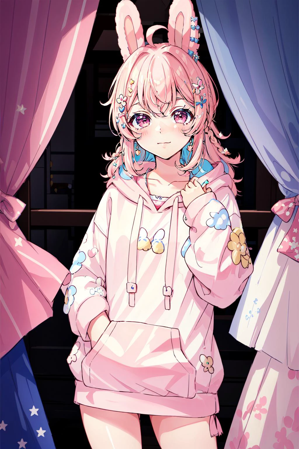 (masterpiece, best quality), intricate details,
1girl, <lora:Pippa:0.8> pippa, virtual youtuber, pink hair, hair ornament, rabbit ears, pink eyes, hoodie,