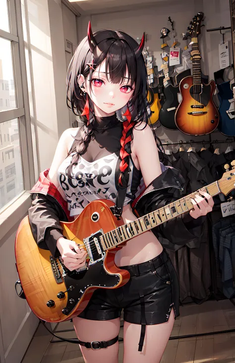 (masterpiece, best quality, highres, absurdres, detailed background, best illumination, bloom, lighting on face, beautiful eyes, shiny hair, perfect face, lustrous skin), (1girl), black oni horns, looking at viewer, wide_angle, wide shot, black crop top, black shorts, goth, sing braid, hair over one eye, (hair ornament), earpiece, long hair, black hair, red eyes, large breasts, blunt bangs, black hair,   <lora:musicalInstrument_test02:0.8>, guitarshop, playing guitar, holding guitar, guitar, dynamic angle, juicy lips, full lips, half closed eyes, confident, heart-shaped pupils, smirk, light smirk,