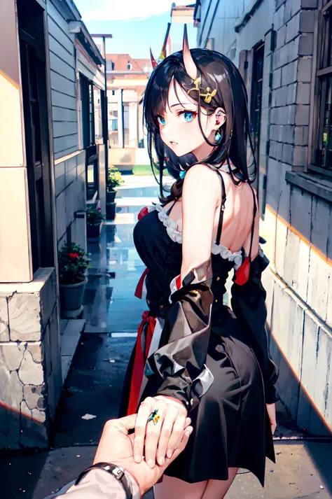 (masterpiece, best quality, highres, absurdres, detailed background, best illumination, bloom, lighting on face, beautiful eyes, shiny hair, perfect face, lustrous skin), 1girl, black oni horns, looking at viewer,, wide_angle, wide shot, Fashionable clothing, sing braid, hair over one eye, (hair ornament), earpiece, long hair, (dark brown hair), shiny hair, large_breasts, pov, red eyes, look back, ass focus, skirt, foreshortening, bf_holding_hands,  <lora:FollowmetoHoldingHandsAnd_v1:1>, beautiful port city, juicy lips, full lips, heart-shaped pupils