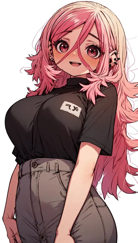 kyouko, <lora:kyouko_v4:1>, 1girl, masterpiece, best quality, (pink hair), thick eyelashes, ear piercing, (red eyes), large breasts, long hair, messy hair, black shirt, black panties, simple background, :D, looking at viewer, squinting, (bastika, cutesexyrobutts, hioshiru)