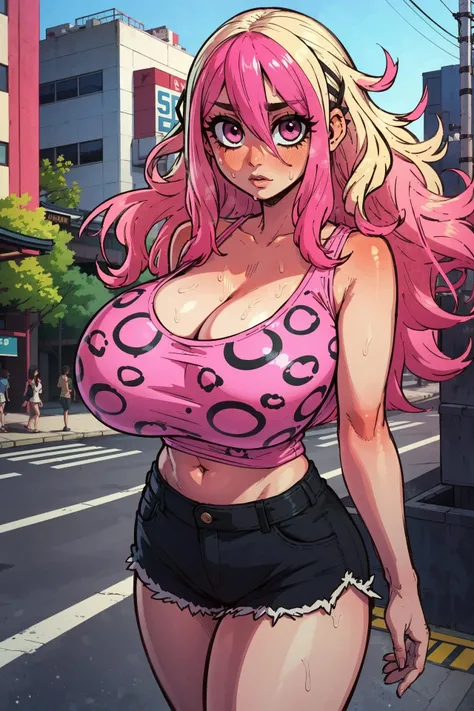 (masterpiece:1.4), (best quality), (detailed), (8k), absurdres, (1girl, solo, looking at viewer, cowboy shot), (sidewalk, tokyo \(city\)), <lora:Rizdraws [MockAi - v2.0]:0.65>, rizdraws, thick lineart, film grain, semi-traditional artstyle, <lora:kyouko_v3-08:0.6>, kyouko, multicolored hair, pink hair:1.4, blonde hair:0.8, long hair, hair down, (wavy hair,  messy hair):1.4, bangs, pink eyes, (@ @, nervous, sweat):1.5, huge breasts, leopard print, pink shirt, tank top, sleeveless, midriff, black shorts, cleavage,