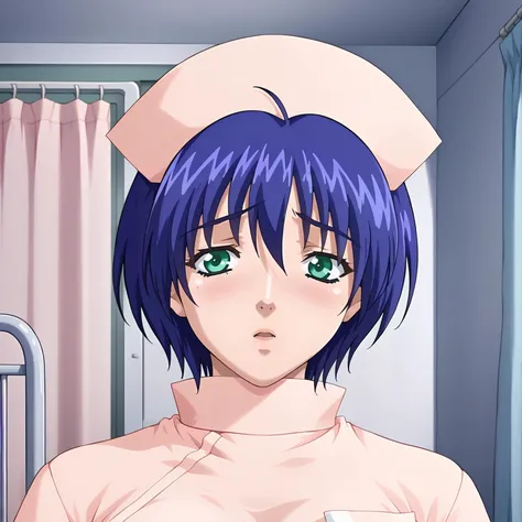<lora:YumiAsakuraXLpony002>,parted lips,blush,
solo,
YumiAsakura,1girl,blue hair,short hair,bangs,green eyes,
nurse_cap,nurse,