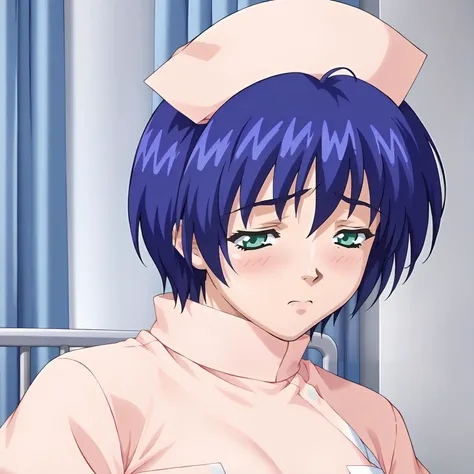 <lora:YumiAsakuraXLpony002>,blush,closed mouth,closed eyes,
solo,
YumiAsakura,1girl,blue hair,short hair,bangs,green eyes,
nurse_cap,nurse,