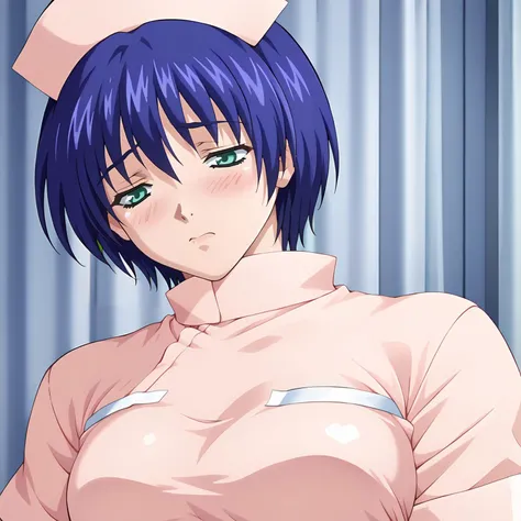<lora:YumiAsakuraXLpony002>,blush,closed mouth,closed eyes,
solo,
YumiAsakura,1girl,blue hair,short hair,bangs,green eyes,
nurse_cap,nurse,
