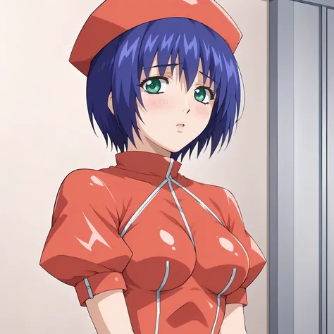 <lora:YumiAsakuraXLpony002>,
blush,parted lips,
solo,
YumiAsakura,1girl,blue hair,short hair,bangs,green eyes,
medium breasts,
red hat,
red dress,latex,short_sleeves,