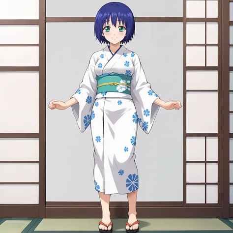 <lora:YumiAsakuraXLpony002>,
smile,blush,
solo,
YumiAsakura,1girl,blue hair,short hair,bangs,green eyes,
medium breasts,
full body,standing,print_kimono,
