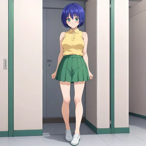 <lora:YumiAsakuraXLpony002>,smile,blush,
solo,
YumiAsakura,1girl,blue hair,short hair,bangs,green eyes,
medium breasts,
yellow shirt,sleeveless,
pleated_skirt,green skirt,
full body,standing,