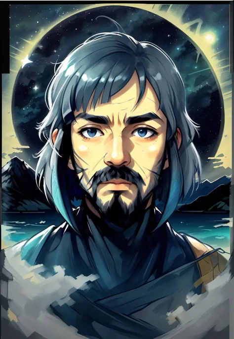 mountain, starry sky, pillarboxed, facial hair, close-up, grey border, bob cut, ocean, hair strand, <lora:Sweet_Cute_Style-000003:.7>,