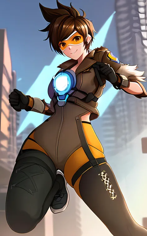best quality, 1girl, (brown eyes), smile, looking at viewer, city, standing, corneo_tracer