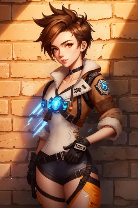 best quality, intricate details, corneo_tracer
1girl, short hair, brown hair, messy hair, sharp eyes,
choker, neon shirt, torn legwear, open jacket,
against wall, brick wall, graffiti, dim lighting, alley
