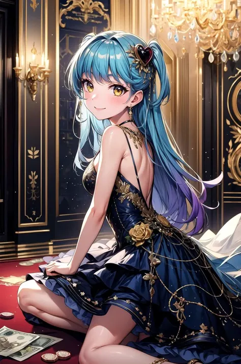 (masterpiece, best quality, detailed), 1girl, solo, long hair, light blue hair, gradient hair, purple hair, yellow eyes, heart hair ornament, looking at viewer, two side up,
<lora:wrenchelegadome:0.8>, wrenchelegadome, black dress, layered dress, long dress, indoors, casino, chandelier, roulette, pocker chip, money, sitting, from side, smile, closed mouth