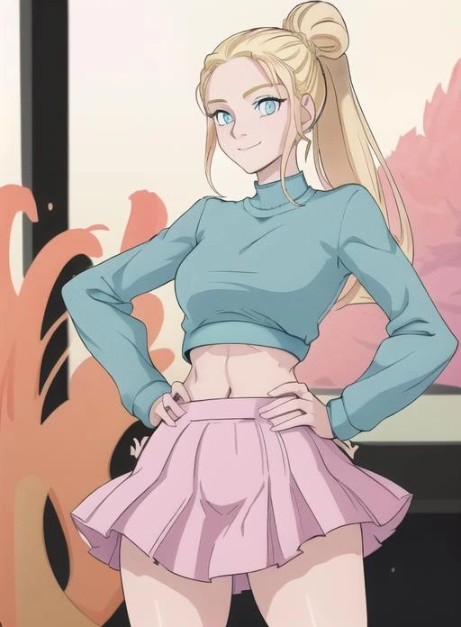 best quality, (masterpiece),(ultra-detailed), (high quality), (high resolution), <lora:iris:0.7> ,1girl, blonde hair, blue eyes, dlh, hair bun, hand on hip, iris, long hair, midriff, miniskirt, pink skirt, ponytail, skirt, smile, solo, green eyes,white_skin