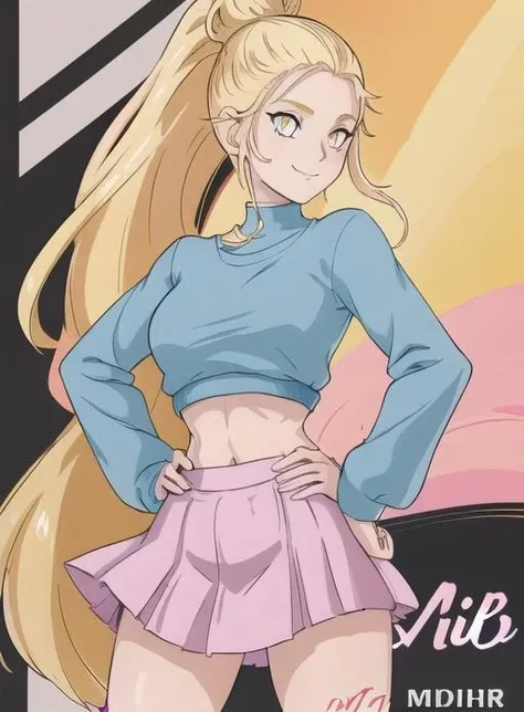 best quality, (masterpiece),(ultra-detailed), (high quality), (high resolution), <lora:iris:0.7> ,1girl, blonde hair, blue eyes, character name, dlh, hair bun, hand on hip, iris, long hair, midriff, miniskirt, pink skirt, ponytail, skirt, smile, solo, yellow eyes