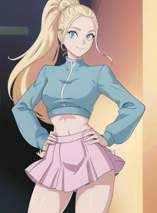 best quality, (masterpiece),(ultra-detailed), (high quality), (high resolution), <lora:iris:0.7> ,1girl, blonde hair, blue eyes, dlh, hair bun, hand on hip, iris, long hair, midriff, miniskirt, pink skirt, ponytail, skirt, smile, solo, green eyes,white_skin