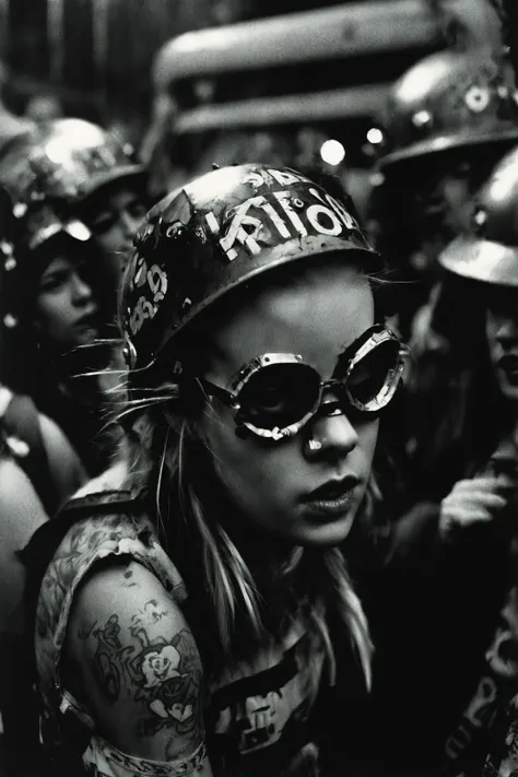 industrial riot grrrl, analog photo, b&w, monochromatic, 4k,highly detailed,intricate,hyperrealistic,hyperdetailed,documetary