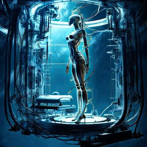 ((masterpiece))), (((best quality))), ((super detailed)), (highly detailed computer illustration), ((extremely delicate and beautiful)),under sunlit, weak lights and shadows, tree canopy,(from the side),cinematic light, ((1 mechanical girl )), solo, whole body, (hard-surface titanium mechanical joints: 1.2), ((mechanical limblood blue blood vessels connected to fusion tube tubeechanical vertebra attached to the back), ((unstable mechanical cervical region attached to the black holed neck) ),( camera close),no expression,(wires and cables attached to the neck:1.2),(wires and cables on the infinite head:1.2)(character focus),((sci-fi)),extremely detailed, as detailed as possible, 1girl, (red short hair, no bangrown eyes, (((white lighting))), (white cables: 1.4), (((future))), ((cyborg)), futurism, (under sunlit, weak lights and shadows, tree canopy)