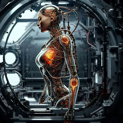 ((masterpiece))), (((best quality))), ((super detailed)), (highly detailed computer illustration), ((extremely delicate and beautiful)),(from the side),cinematic light, ((1 mechanical girl )), solo, whole body, (hard-surface titanium mechanical joints: 1.2), ((mechanical limblood life blood vessels connected to fusion tube tubeechanical vertebra attached to the back), ((unstable mechanical cervical region attached to the black holed neck) ),( camera close),no expression,(wires and cables attached to the neck:1.2),(wires and cables on the infinite head:1.2)(character focus),((sci-fi)),extremely detailed, as detailed as possible, 1girl, (red short hair, no bangrown eyes, (((white lighting))), (white cables: 1.4), (((future))), ((cyborg)), futurism, (under sunlit, weak lights and shadows, tree canopy)