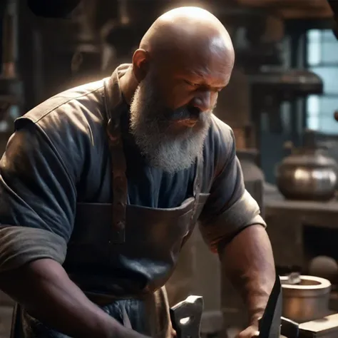 hyper realistic, extremely high detail, movie still, a human male blacksmith bald with greying beard and silver eyes wearing blacksmithing leathers in a smithy