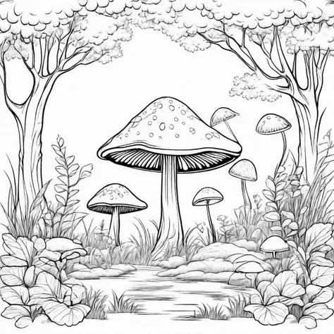 Black and white coloring book page white background, fairytale fungi grassy trees, no shading, vector scene