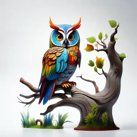 white background , stylized colorful owl perched on a huge curved tree branchsharp