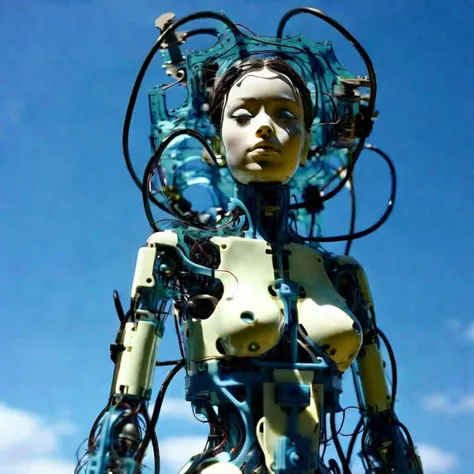 under sunlit, weak lights and shadows, tree canopy, ((1 mechanical girl )), solo, whole body, (hard-surface titanium mechanical joints: 1.2), ((mechanical limblood blue blood vessels connected to fusion tube tubeechanical vertebra attached to the back), ((unstable mechanical cervical region attached to the black holed neck) ),( camera close),no expression,(wires and cables attached to the neck:1.2),(wires and cables on the infinite head:1.2)(character focus),((sci-fi)),extremely detailed, as detailed as possible, 1girl, (red short hair, no bangrown eyes, (((white lighting))), (white cables: 1.4), (((future))), ((cyborg)), futurism, under sunlit, weak lights and shadows, tree canopy