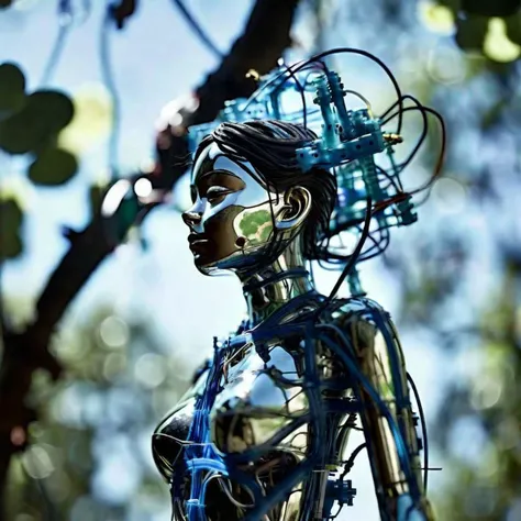 under sunlit, weak lights and shadows, tree canopy, ((1 mechanical girl )), solo, whole body, (hard-surface titanium mechanical joints: 1.2), ((mechanical limblood blue blood vessels connected to fusion tube tubeechanical vertebra attached to the back), ((unstable mechanical cervical region attached to the black holed neck) ),( camera close),no expression,(wires and cables attached to the neck:1.2),(wires and cables on the infinite head:1.2)(character focus),((sci-fi)),extremely detailed, as detailed as possible, 1girl, (red short hair, no bangrown eyes, (((white lighting))), (white cables: 1.4), (((future))), ((cyborg)), futurism, (under sunlit, weak lights and shadows, tree canopy)