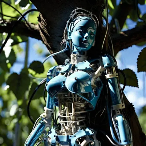 under sunlit, weak lights and shadows, tree canopy, ((1 mechanical girl )), solo, whole body, (hard-surface titanium mechanical joints: 1.2), ((mechanical limblood blue blood vessels connected to fusion tube tubeechanical vertebra attached to the back), ((unstable mechanical cervical region attached to the black holed neck) ),( camera close),no expression,(wires and cables attached to the neck:1.2),(wires and cables on the infinite head:1.2)(character focus),((sci-fi)),extremely detailed, as detailed as possible, 1girl, (red short hair, no bangrown eyes, (((white lighting))), (white cables: 1.4), (((future))), ((cyborg)), futurism, under sunlit, weak lights and shadows, tree canopy