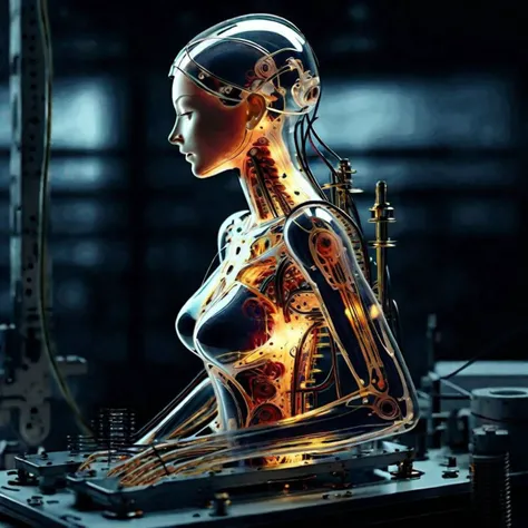 ((masterpiece))), (((best quality))), ((super detailed)), (highly detailed computer illustration), ((extremely delicate and beautiful)),(from the side),cinematic light, ((1 mechanical girl )), solo, whole body, (hard-surface titanium mechanical joints: 1.2), ((mechanical limblood life blood vessels connected to fusion tube tubeechanical vertebra attached to the back), ((unstable mechanical cervical region attached to the black holed neck) ),( camera close),no expression,(wires and cables attached to the neck:1.2),(wires and cables on the infinite head:1.2)(character focus),((sci-fi)),extremely detailed, as detailed as possible, 1girl, (red short hair, no bangrown eyes, (((white lighting))), (white cables: 1.4), (((future))), ((cyborg)), futurism, (under sunlit, weak lights and shadows, tree canopy)