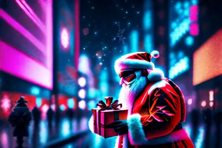 A ((cyberpunk)) Christmas scene in a ((neon-lit city)), where cyborg Santas deliver gifts on flying drones. metallic accents, holographic displays, photorealistic, realistic, photograph