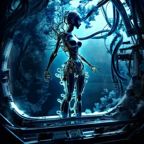 ((masterpiece))), (((best quality))), ((super detailed)), (highly detailed computer illustration), ((extremely delicate and beautiful)),under sunlit, weak lights and shadows, tree canopy,(from the side),cinematic light, ((1 mechanical girl )), solo, whole body, (hard-surface titanium mechanical joints: 1.2), ((mechanical limblood blue blood vessels connected to fusion tube tubeechanical vertebra attached to the back), ((unstable mechanical cervical region attached to the black holed neck) ),( camera close),no expression,(wires and cables attached to the neck:1.2),(wires and cables on the infinite head:1.2)(character focus),((sci-fi)),extremely detailed, as detailed as possible, 1girl, (red short hair, no bangrown eyes, (((white lighting))), (white cables: 1.4), (((future))), ((cyborg)), futurism, (under sunlit, weak lights and shadows, tree canopy)