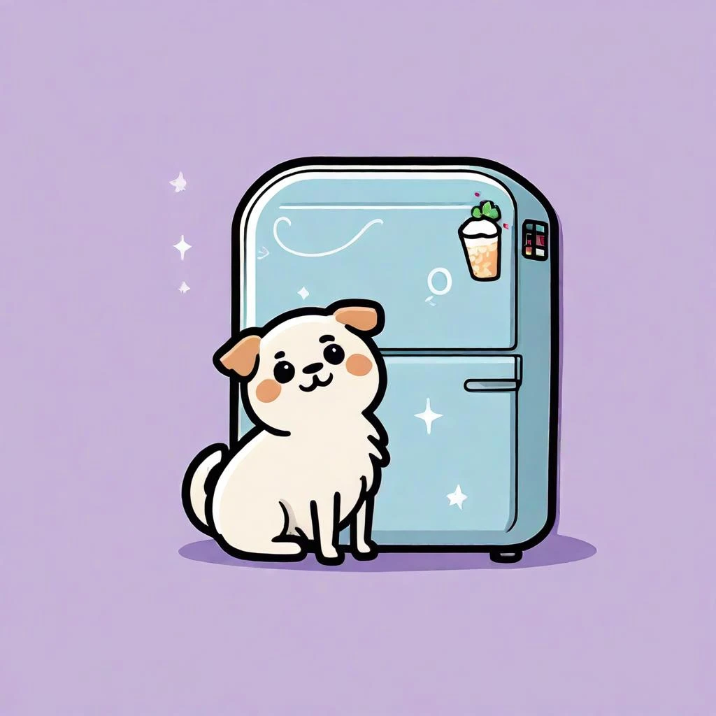 cute shpitz dog sitting near the fridge, sticker, 2d cute, fantasy, dreamy, vector illustration, 2d flat, centered, by Tim Burton, professional, sleek, modern, minimalist, graphic, line art, vector graphics