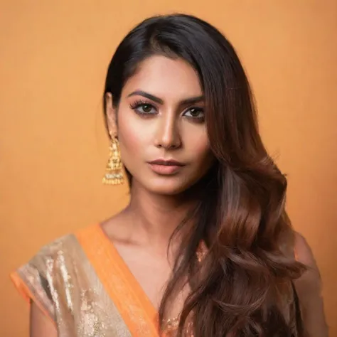 portrait of Punjabi Indian woman with long brown hair, in the style of macro lens, light orange and light bronze, pop inspo, reflective surfaces, soft edges, detailed facial features, far view