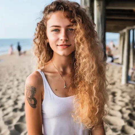 A photorealistic portrait of a 27-year-old Ukrain girl with long, curly blonde hair with orange highlights and brown eyes. She should have a natural look and picture on the seaside wearing white dresses and showing her leg and wearing flip-flop. Picture on the beach. Sleeve tatoo on left arm and fingers. freckle snd athletics shape of body.