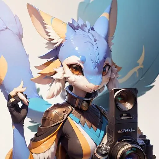 high resolution, best quality,( <lora:zavali_sub:1>female avali),closeup, portrait, avali female holding a (big photo camera:1.1), looking at viewer, (taking picture:1.2), simple background, winged arms, detailed feathers, (long tail, thin tail, tail feathers:1.1), by pixelsketcher, (masterpiece, high quality:1.2)