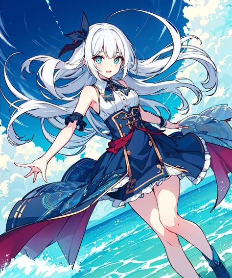 ,blue skirts,1girll,blue color eyes,long white hair,Side Body,Stand on the edge of the beach,Flying blue butterflies,falling flower petals,exteriors,clouds,Detail enhancement,best qualtiy,Perfect image quality,The wind blows the hair