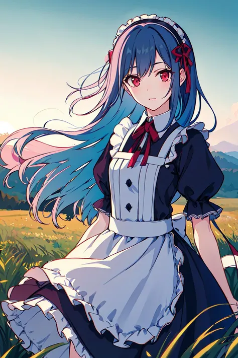 {photorealistic}, 1 girl, gothic maid dress,{blue Hair},{pink Hair accessories},Sky, grassland,red eyes, depth of field,cinematic angle ,backlighting,young girl, <lora:ReDive:0.8>