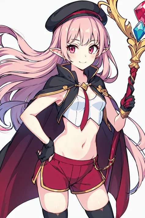 <lora:ReDive:0.8>1girl, solo, long hair, pink hair, thighhighs, pointy ears, very long hair, navel, shorts, hat, staff, white background, cape, hand on hip, red shorts, puffy shorts, simple background, pink eyes, gem, holding, looking at viewer, red thighhighs, curly hair, white cape, red eyes, smile, gloves, small breasts, holding staff, bangs